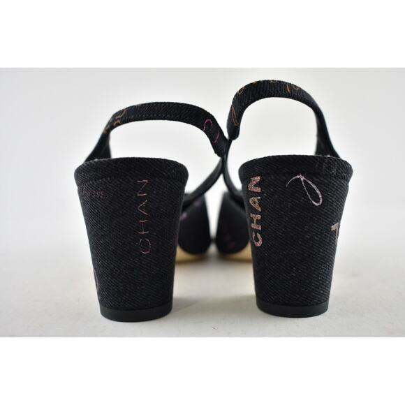 Chanel 22P Mademoiselle Coco Sling CC Black Grey Denim Slingback Sandal Heel 40 - Picture 11 of 12